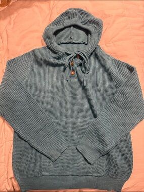 Cici Bird - Waffle-Knit Hooded Pullover in Teal Blue